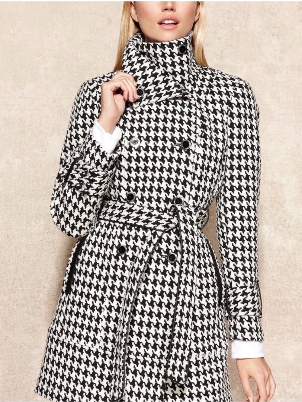 Calvin Klein Women’s Black Ivory Houndstooth Double-Breasted Wool Blend Coat